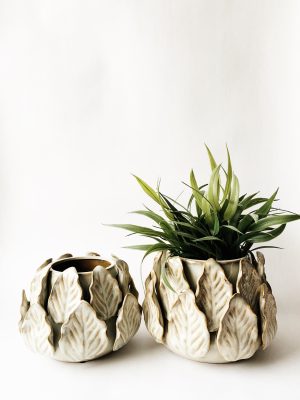 Keramikk krukke blad 21x15 cm creme