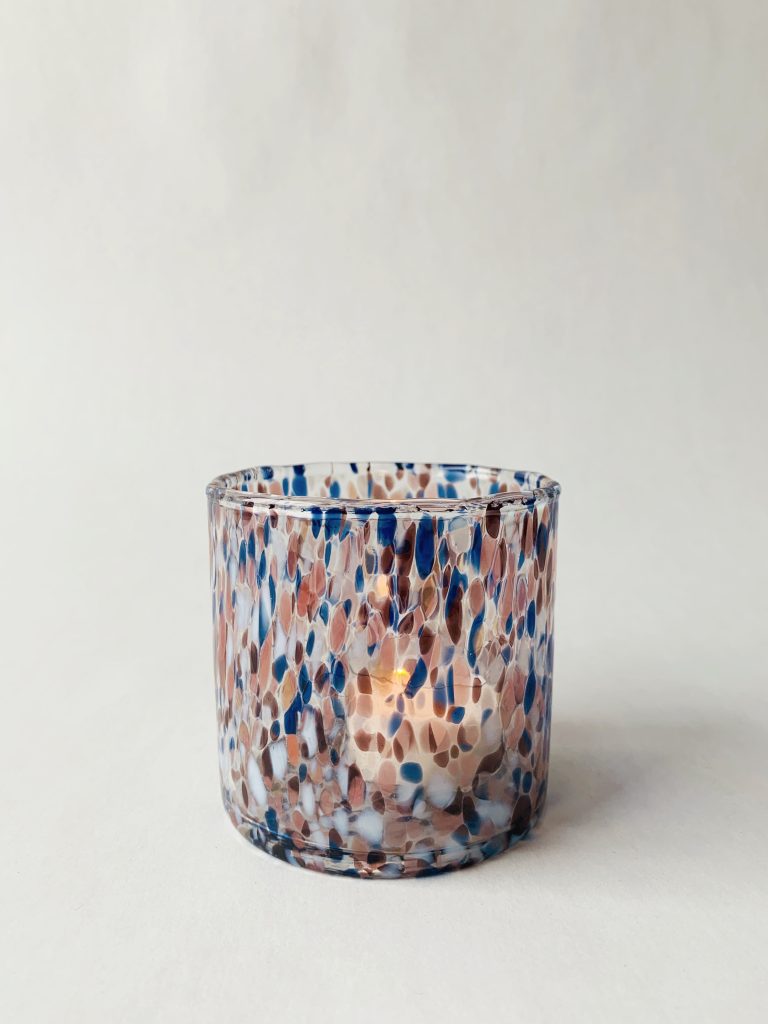 Lysglass munnblåst 8×9 cm blå mix