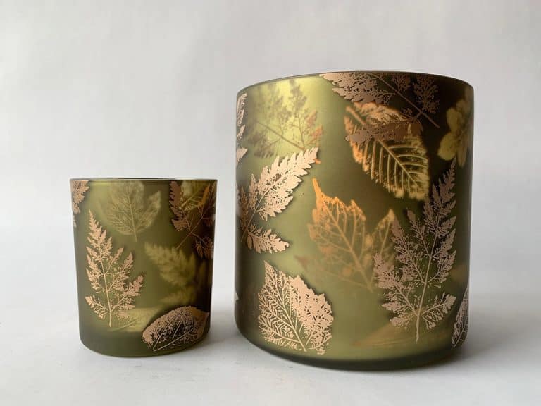 Lysglass blader gulltrykk grønt 15×15 cm