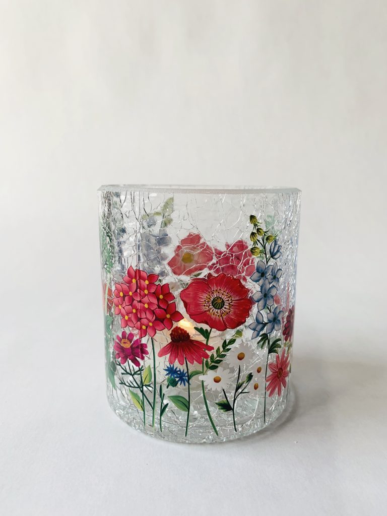 Lysglass håndlaget 9×10 cm blomster røde/blå