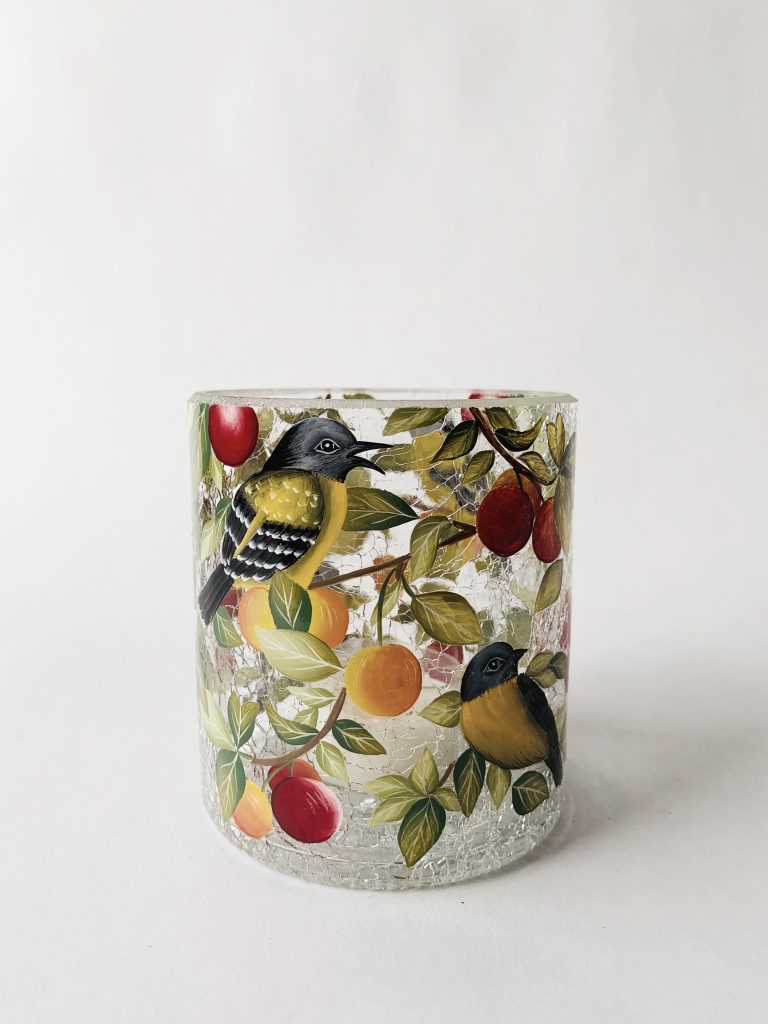 Lysglass håndlaget 9×10 cm fugler og bær