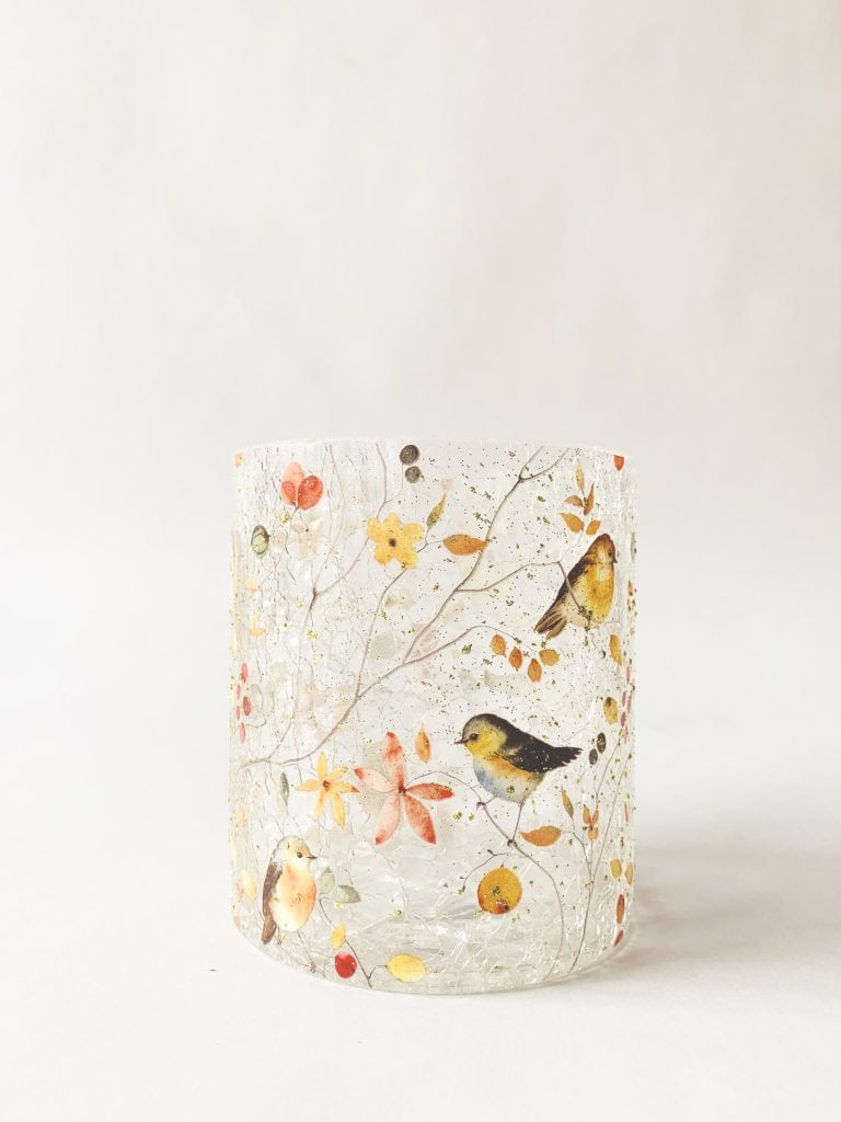 Lysglass krak. 9×10 cm fugler/bær/glitter