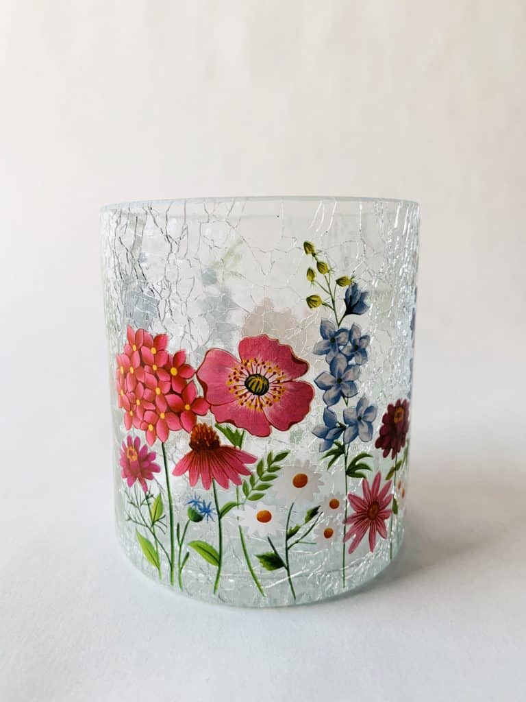 Lysglass krakelert rød/blå blomstereng 9×10 cm
