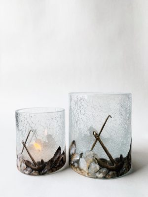 Lysglass krakelert frostet blåskjell/anker 11,5x13 cm