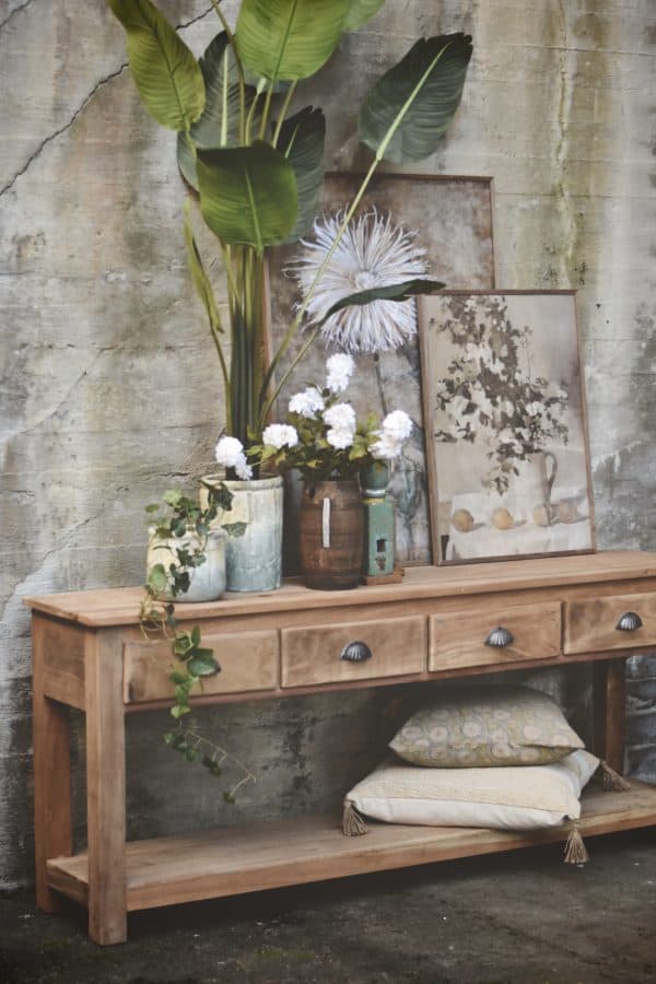 Vintage konsollbord m 4 skuffer natur, 180x40x76cm