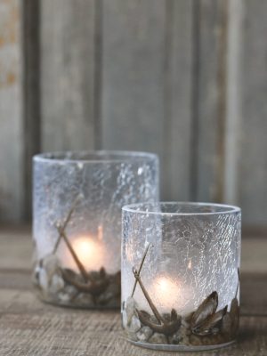 Lysglass krakelert frostet blåskjell/anker 11,5x13 cm