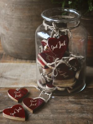 Trehjerte heng rød i glass 40 stk. "god jul"