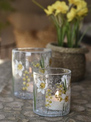 Lysglass krakelert påskeliljer 9x10 cm