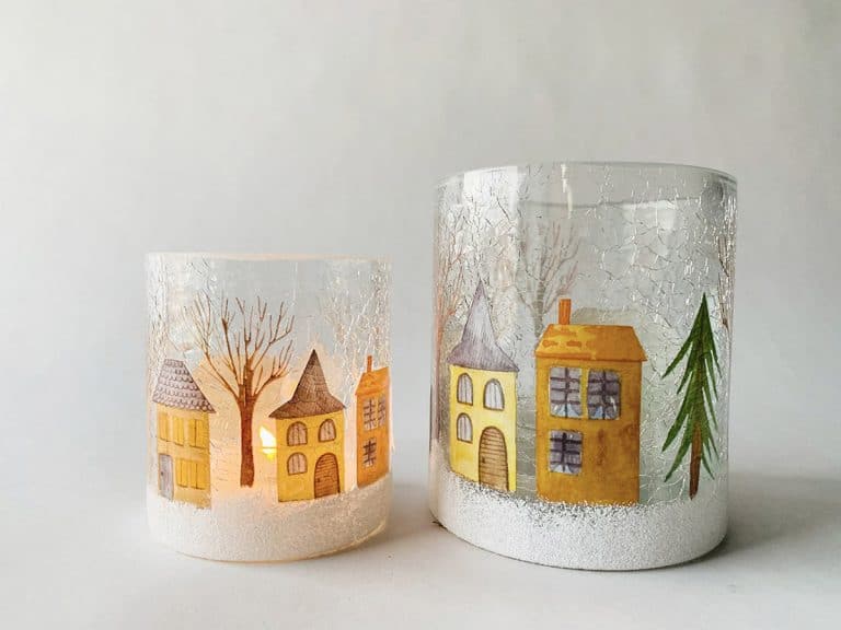 Lysglass med hus og trær 9×10 cm