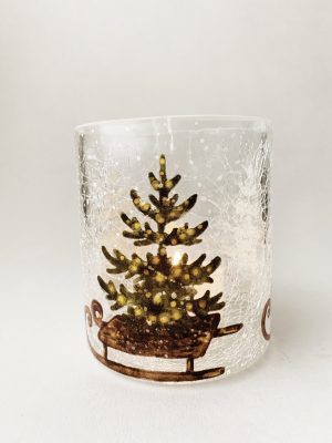 Lysglass krakelert juletre/kjelke 9x10 cm