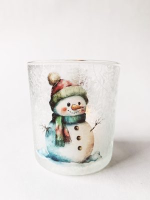 Lysglass frostet h 8 cm snømann