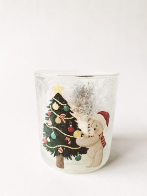 Lysglass frostet h 8 cm juletre/bamse