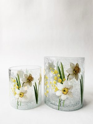 Lysglass krakelert påskeliljer 11,5x13 cm