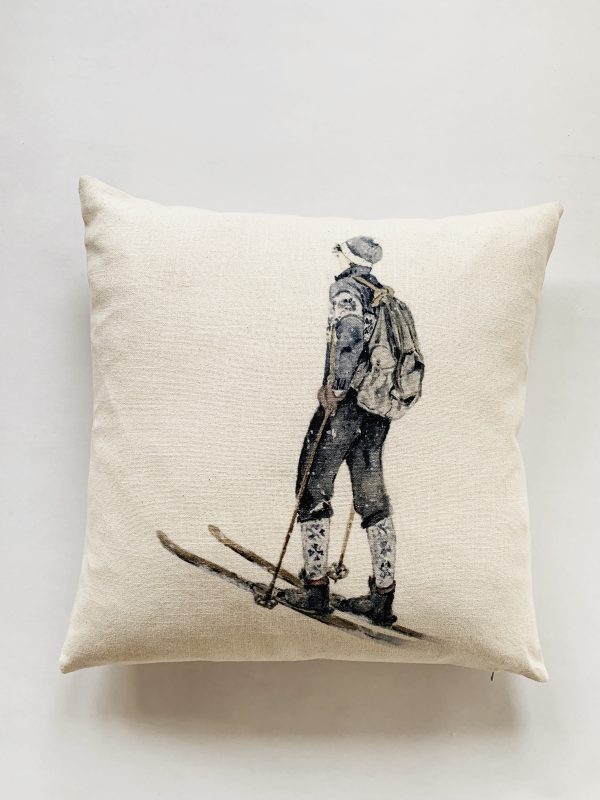 Putetrekk 50x50 cm Gabriel på ski Akvarell malt av Anita Sletten Nordicwild